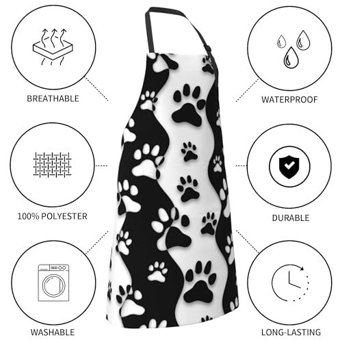 Art Apron with Pocket for Women Men | Kitchen Aprons Chef Apron for Cooking Baking BBQ Painting Gardening - color: Black White Dog Paws