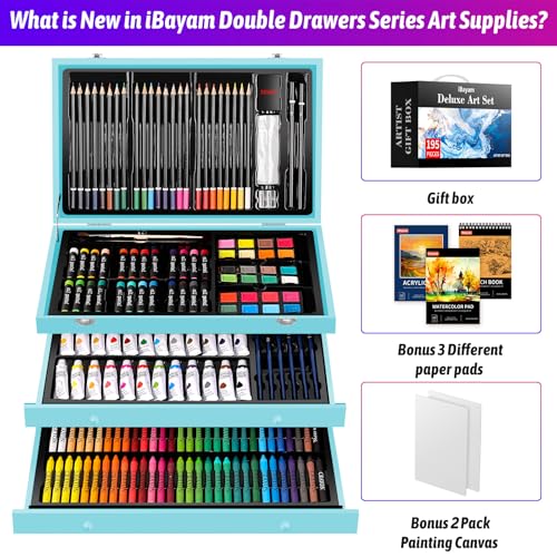 iBayam 195PCS Art Supplies Kit, Sketch Book, Acrylic Pad, Watercolor Pad | Painting, Drawing & Art Supplies for Kids Teens Girls Boys Adult, 195-Pack Deluxe Artist Gift Wooden Case with A4 Canvases - color: Blue