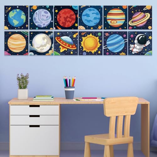 Anseal 12 Packs Pre Drawn Canvas to Paint, 4" X 4" Planet Pre-Printed Paint Party, Pre Stretched Canvas Outline Painting Boards for Paint Lovers, Party Favor - style: planet