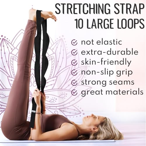 TECEUM Stretching Strap with 10 Loops for Physical Therapy & Rehab - color: Black, size: Polypropylene 1” W - 10 Loops