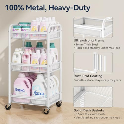 YASONIC 3 Tier Metal Rolling Cart, White Utility Storage Cart with Wheels - color: White, size: 3-tier