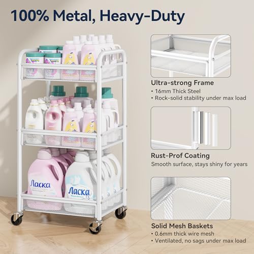 YASONIC 3 Tier Metal Rolling Cart, White Utility Storage Cart with Wheels - color: White, size: 3-tier