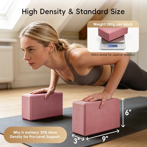 High Density EVA Yoga Blocks 2 Pack, 280g Pro-Level Exercise Brick (46-50 Shore C Firmness), Odor-Free & Non-Slip Foam Props for Yoga, Pilates & Stretching - color: pink