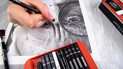 Arteza Drawing Set for Adults, Set of 33 Artist Sketching Tools, 20 Graphite & 4 Charcoal Sketch Pencils, 1 Fineliner, 3 Blenders, 1 Sharpener, 3 Erasers & 1 Hobby Knife, Art Supplies for Drawing