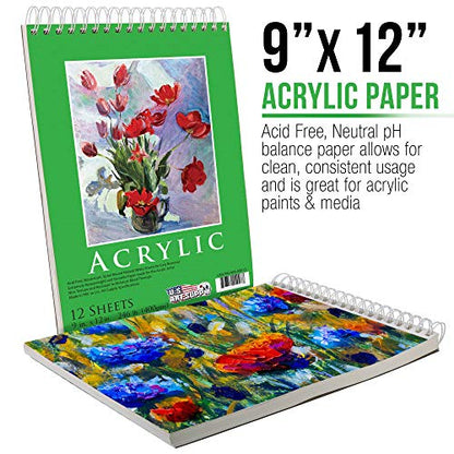 U.S. Art Supply 9x12 Premium Heavy-Weight Acrylic Painting Paper Pad, 246lb (400gsm), 2 Pack, 12 Sheets, Spiral Bound, for Acrylic Paint