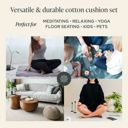 Mindful Modern 명상 쿠션 & 자부톤 명상 매트 번들 - 요가용 100% 면 명상 쿠션 세트 - 메밀 초승달 모양 Zafu 바닥 베개 직사각형 매트 - 슬레이트 그레이 색상