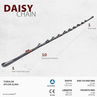 GM CLIMBING 16mm Nylon Daisy Chain Sling 22kN 120cm / 48in CE UIAA Certified for Leading Aid Climb Ascender Rigging Hammock Suspension - color: Gray | 2 Pack