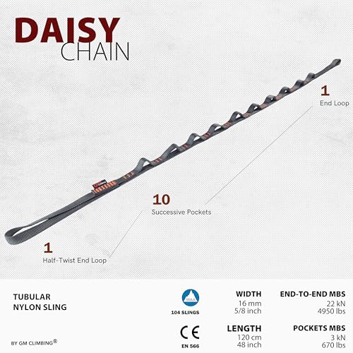 GM CLIMBING 16mm Nylon Daisy Chain Sling 22kN 120cm / 48in CE UIAA Certified for Leading Aid Climb Ascender Rigging Hammock Suspension - color: Gray | 2 Pack