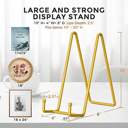 TR-LIFE 10 Inch Large Plate Stands/Holder for Display - Metal Picture Frame Holder Stand + Small Easels for Decorative Plate, Platter, Book, Plaques, Photo, Tabletop Art (Gold 2 Pack) - size: 10 Inch