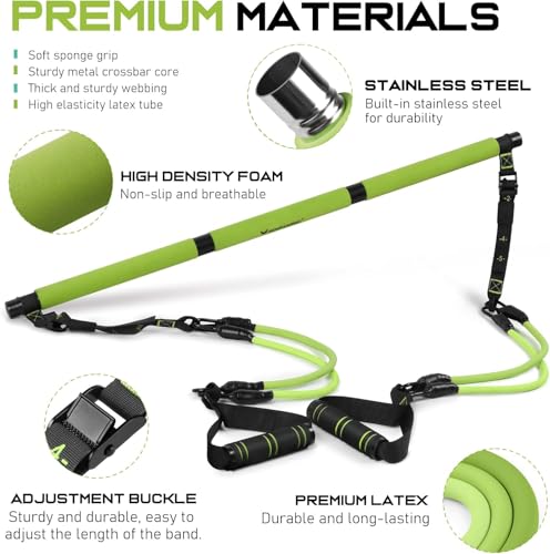 Pilates Bar Kit with 6 Latex Resistance Bands, Adjustable Exercise Bar - color: Green