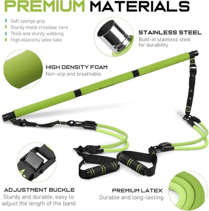 Pilates Bar Kit with 6 Latex Resistance Bands, Adjustable Exercise Bar - color: Green