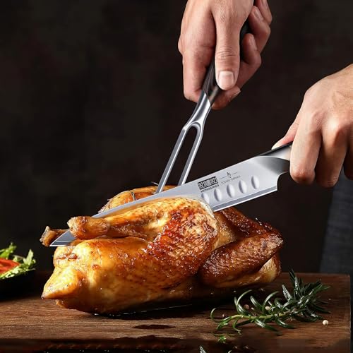 HOSHANHO 8 Inch Carving Knife & 7 Inch Fork Set, Razor Sharp Slicing Knife | Professional Japanese High Carbon Steel Butcher Brisket Slicing Knife Set for Meat Cutting, BBQ, Ergonomic Handle, Gifts