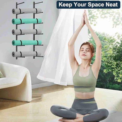 Yoga Mat Holder Wall Mount with 12 Straps, 6 Tier Metal Yoga Mat Storage Rack Home Gym Exercise Workout Equipment Organizer for Foam Roller Resistance Bands