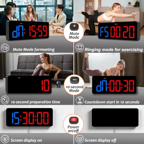 Multi-Mode Fitness Timer with Remote Control – 2-in-1 Digital Clock & Gym Timer for Tabata, EMOM, Countdown, Stopwatch, FGB – Customizable Workout Cycles with 10 Presets & 3 Mounting Options - color: Blue Red