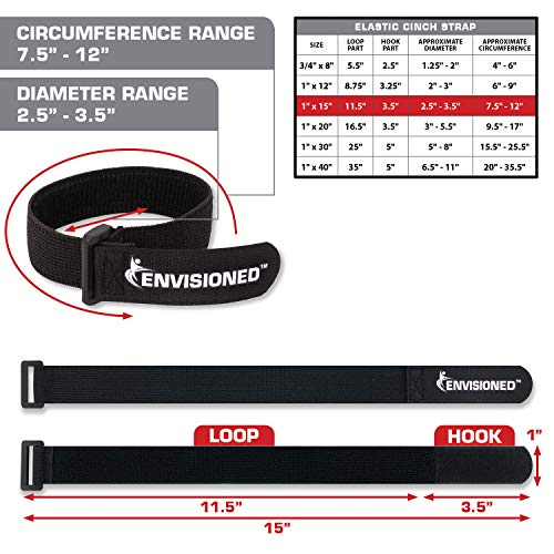 Elastic Reusable Cinch Straps 1"x15" - 10 Pack Hook and Loop - Plus 2 Free Bonus Reusable Cable Ties - size: 1" x 15"