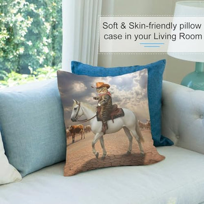 Funny Cat Cowboy Cat Riding Horse Throw Pillow Covers 18x18 Inch - color: Funny Cat Cowboy Cat Riding Horse