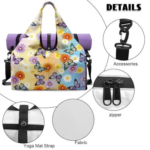 Yoga Gym Bag with Removable Adjustable Shoulder Strap, Shoe Compartment & Top Yoga Mat Holder 17.72x8.66x9.84in - color: Butterfly Daisy Gradient Print