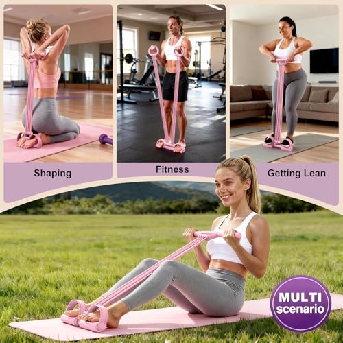 Foot Pedal Resistance Bands with Handles, 8-Tube Adjustable Multifunction Elastic Yoga Exercise Bands, Home Gym Fitness Equipment for Women & Men to Tone Abs, Core, Leg, Arm, Waist (Multi-Pink)