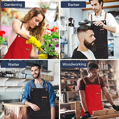 Genixart Chef Apron Men Women, Kitchen Aprons Cooking, BBQ - Red, 6 Pack | Box Packed, Cotton Canvas, Cafe, Bar, Workshop, Restaurant, Water & Oil Stain Resistant, Cross Back Adjustable, Large Pockets - color: Red, 6 Pack