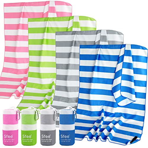 Sfee 4 Pack(8Pcs) Microfiber Travel Towel, Beach Towel Quick Dry Towel Camping Towel Super Absorbent Compact Lightweight Sports Gym Towels for Beach, Gym, Hiking, Pool, Backpacking, Bath, Yoga - color: Dark Blue+green+pink+grey, size: L 60"x30"+24"x15"