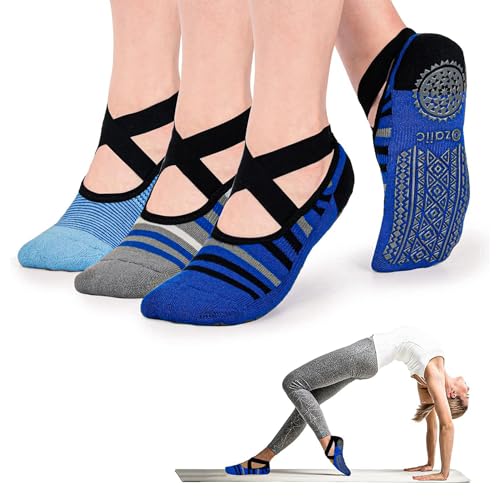 Ozaiic Pilates Socks for Women Non Slip Grip Yoga Barefoot Indoor Workout - color: 3 Pairs -Blue/Gray/Dark Blue