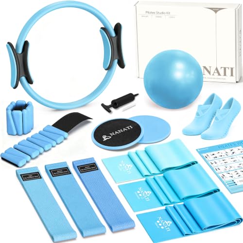 NANATI Pilates Kit, Home Pilates Workout Kit for Women, Pilates Equipment with 14.5"" Pilates Ring and Ball, Resistance Bands, Ankle Weights, Sliders & Grip Socks for Home Workouts - color: Blue