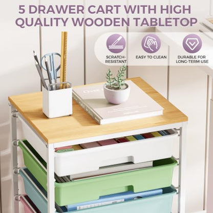 SYKIARIOL 5-Tier Rolling Cart with Drawers with Wooden Top, Ice Cream | Mobile Craft Storage Drawer Cart Trolley for Home Office, Classroom, Craft Room & Kid Room - color: Ice Cream