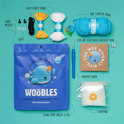 The Woobles Crochet Kit for Beginners (Bjørn the Narwhal) | As seen on Shark Tank, Kit includes: Easy Peasy Yarn, pre-started piece, hook, safety eyes, stuffing, video tutorials - color: Blue