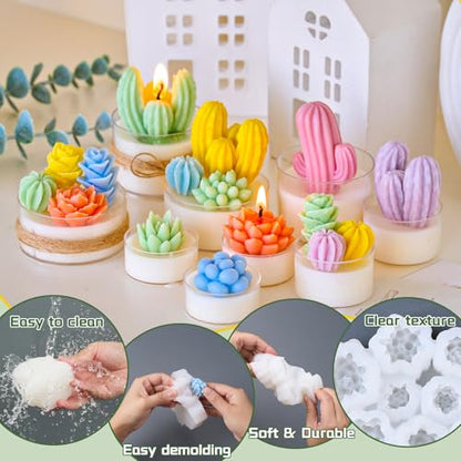 Succulent Candle Mold Set with 9-Cavity & 3D Cactus Silicone Molds for DIY | DIY Silicone Mold Kit for Resin Casting, Candles, Soap & Wax Crafts, Perfect for Home Decor and Handmade Gifts