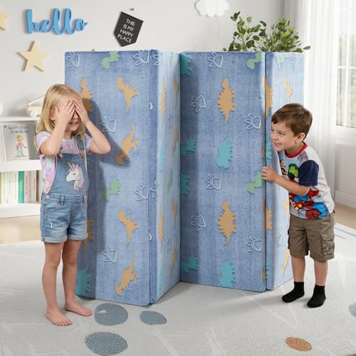 MeMoreCool Kids Floor Mattress, 48x72 Inch Foldable Play Mat, Dinosaur | Dinosaur 4x6 ft foam tatami futon mat, foldable kids sleeping mat for playroom floor play - color: Denim Dinosaur
