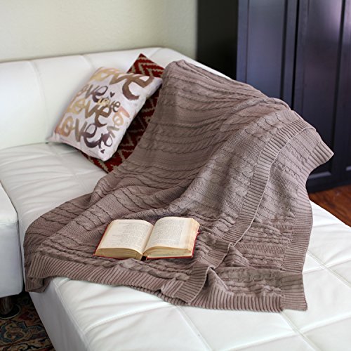Viverano Organic Cotton Cable Knit Throw Blanket, 50 X 70, Super Soft (Earth Brown)