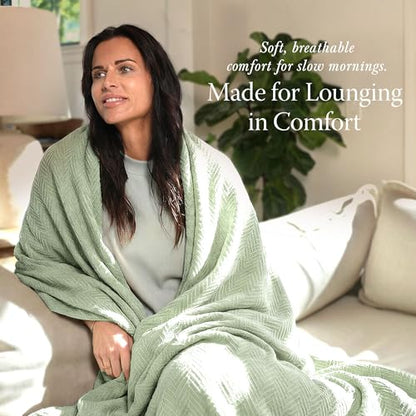 Threadmill Luxury 100% Cotton Twin Herringbone Blanket, Sage Green | All-Season Thermal Throw Blanket, Soft & Breathable, Cozy Moisture-Wicking, OEKO-TEX Certified, Machine Washable, 68x92 in - color: Sage Green, size: Twin (68" x 92")