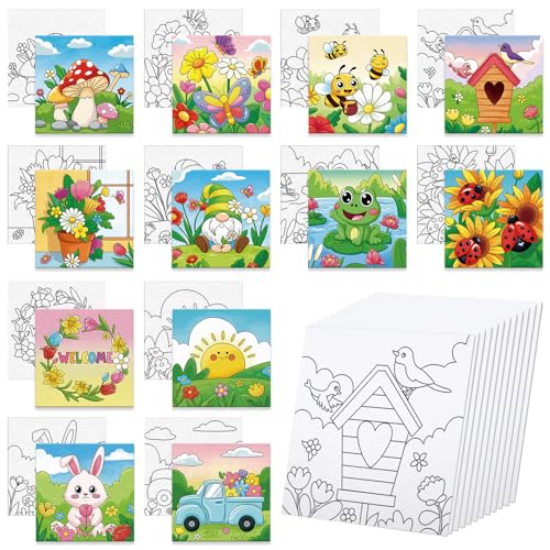 Anseal 12 Packs Pre Drawn Canvas to Paint, 4" X 4" Spring Pre-Printed Paint Party, Pre Stretched Canvas Outline Painting Boards for Paint Lovers, Party Favor - style: Spring