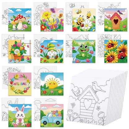Anseal 12 Packs Pre Drawn Canvas to Paint, 4" X 4" Spring Pre-Printed Paint Party, Pre Stretched Canvas Outline Painting Boards for Paint Lovers, Party Favor - style: Spring