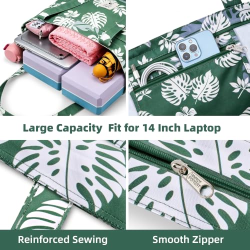 WLLWOO Yoga Mat Carrier Bag for Women Canvas Carryall Tote Gym Pilates | Large Holder Zipper Shoulder for Beach Travel Workout Fitness Office - color: Dark Green Leaf