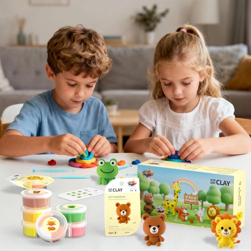 Air Dry Clay for Kids - 6 Animal Themed Modeling Clay Kit, Model Magic Clay with Sculpting Tools and Tutorials, Ultra Light & Soft, Non-Toxic & Safe, DIY Arts and Crafts School Projects for Kids - color: Animals