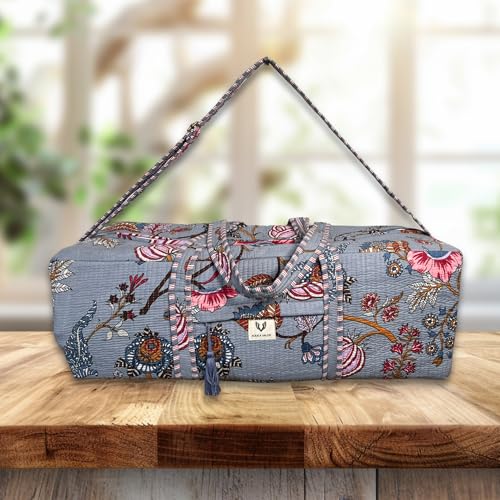 Large Capacity Handblock Printed Yoga Mat bag for Women, Gym Bag, Fits Yoga Blocks, Adjustable strap, Pilates, Gym, Fitness Block & Gear, Light and Durable - color: Frosted Bloom