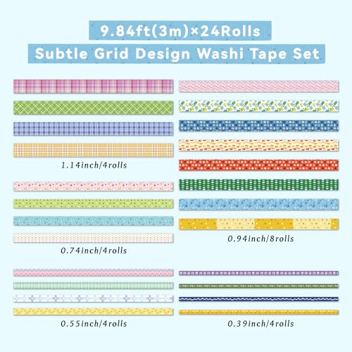 Grid Washi Tape Set 24 Rolls, Decorative Masking Tape for Junk Journal, Scrapbooking Supplies, DIY Crafting Supplies - style: Grid