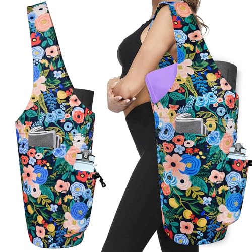 Yoga Mat Bag - Large Opening Long Tote Yoga Mat Carrier Holder Bag with Waterproof Wet Zipper Pocket and Drawstring Water Bottle Pocket - Yoga Bag Fit Most Size Mats - color: Floral