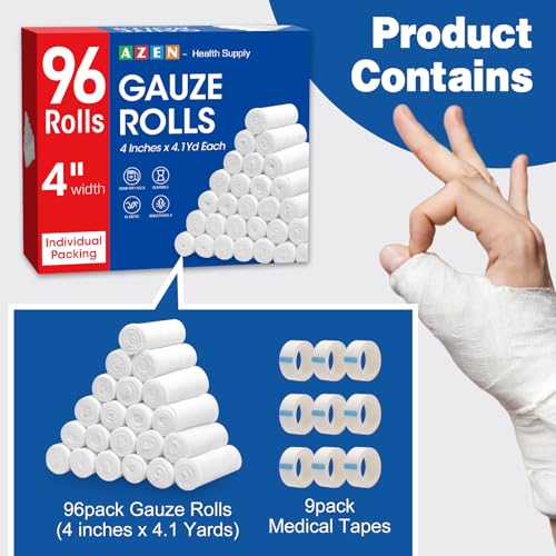 AZEN 96 Pack Gauze Rolls Bandages, 4 in x 4.1 Yards, Premium Medical Supplies & First Aid Supplies, Bandage Wrap Vet Wrap, Mummy Wraps - color: 96p, size: 4IN