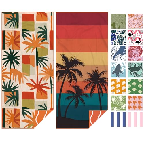 Eunzel 2 Pack Microfiber Beach Towel, Quick Dry Travel Towel Large Sand Free Towel for Beach, Camping, Swim Pool, Gym, Sports& Yoga 71"x32", Retro Tropics/Tropical Sunset - color: Retro Tropics& Tropical Sunset