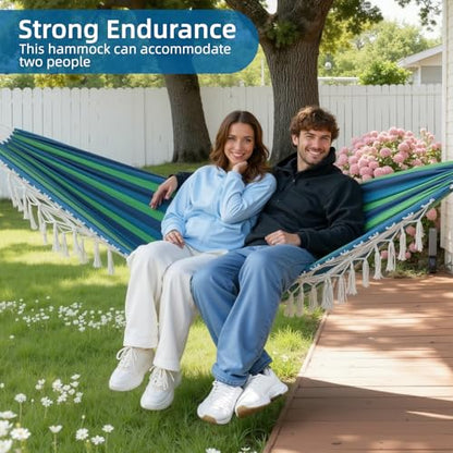 Posprica Brazilian Style Double Hammock with Fringe, 2 Person Patio Hammock for Backyard & Indoor Relaxation, Soft Breathable Fabric, Easy Setup with Straps & Carry Bag, 360 lbs Capacity - color: Blue Stripe