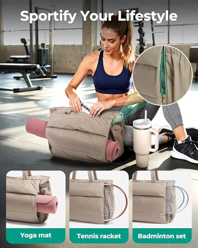BAGSMART Yoga Pilates Tote Bag for Women with Knotted Handle, Gym Bag | 23L lightweight & waterproof shoulder sling bag, gym bag with yoga mat holder, for 15.6'' Laptop, ideal for work travel - color: Blush