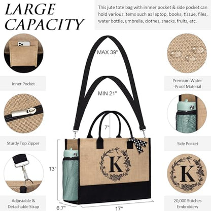 Personalized Birthday Gifts for Women, Monogrammed Initial Jute Tote Bags | Beach Tote Bag & Makeup Bags w/ Zipper, Christmas Women Gifts for Mom Her Friends Sister Coworker Nurse Teacher Appreciation - style: R