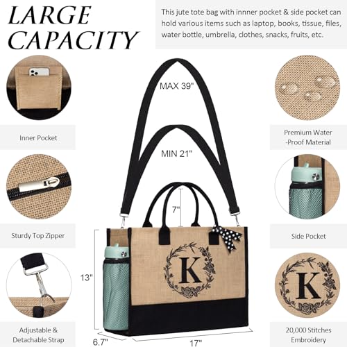 Personalized Birthday Gifts for Women, Monogrammed Initial Jute Tote Bags | Beach Tote Bag & Makeup Bags w/ Zipper, Christmas Women Gifts for Mom Her Friends Sister Coworker Nurse Teacher Appreciation - style: N