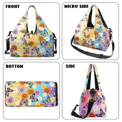 Yoga Gym Bag with Removable Adjustable Shoulder Strap, Shoe Compartment & Top Yoga Mat Holder 17.72x8.66x9.84in - color: Butterfly Daisy Gradient Print