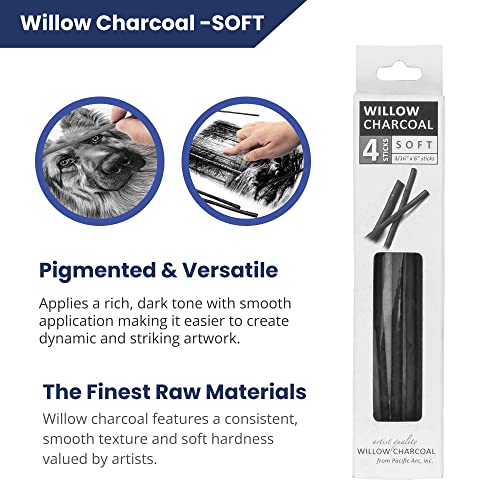 Pacific Arc Large Willow Charcoal Stick 4/Pkg, Soft, Black, Willow Charcoal for Sketching and Drawing - style: Willow Soft | 4 Sticks