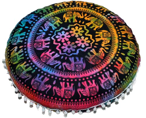 ICC Large Boho Ottoman Cover Pillowcase for Couch Floor Pillows & Cushion Covers Decorative Bohemian Hippie Mandala Pouf Pillow Cover Seating Meditation Cushion Cover (UP hathi, 32" Round) - size: 32" x 32" (Pack of 1), style: UP hathi