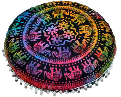 ICC Large Boho Ottoman Cover Pillowcase for Couch Floor Pillows & Cushion Covers Decorative Bohemian Hippie Mandala Pouf Pillow Cover Seating Meditation Cushion Cover (UP hathi, 32" Round) - size: 32" x 32" (Pack of 1), style: UP hathi