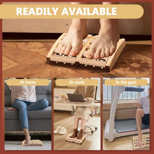 Wooden Foot Massage Roller, Wood Foot Roller for Plantar Fasciitis, Manual Physical Foot Therapy Roller Massage Tools for Feet Pain Relief Muscle Relaxation Men Women Elderly (5 Row Dual Gear)